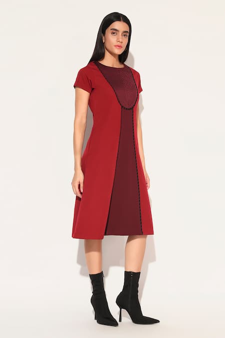 Shop Linetribe_ Red Crepe Round Neck Designer Oberon Dress Online at Aza Fashions Shop_Linetribe__Red Crepe Round Neck Designer Oberon Dress _Online_at_Aza_Fashions