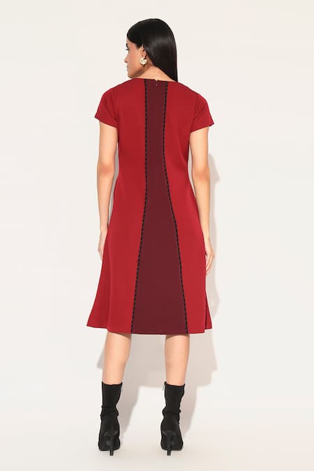 Shop Linetribe_ Red Crepe Round Neck Designer Oberon Dress at Aza Fashions Shop_Linetribe__Red Crepe Round Neck Designer Oberon Dress _at_Aza_Fashions