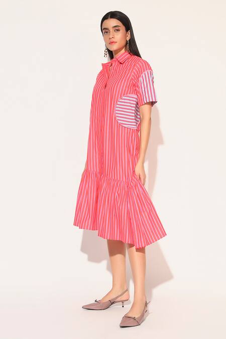 Shop Linetribe_ Red Cotton Collared Striped Astralia Dress Online at Aza Fashions Shop_Linetribe__Red Cotton Collared Striped Astralia Dress _Online_at_Aza_Fashions