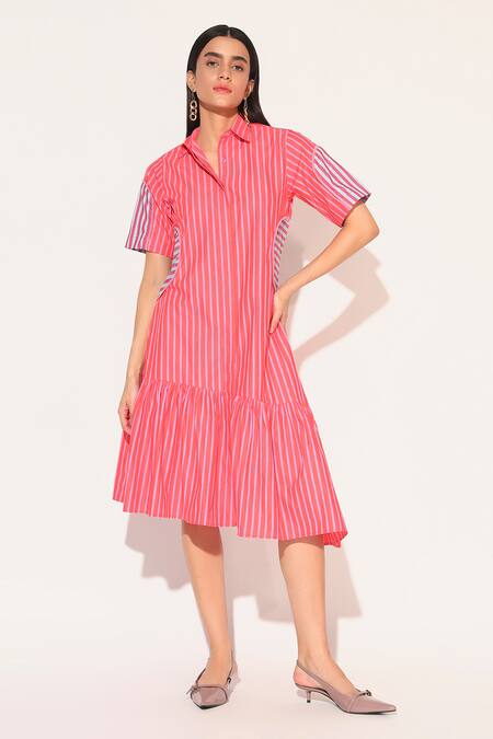 Linetribe_ Red Cotton Collared Striped Astralia Dress at Aza Fashions Linetribe__Red Cotton Collared Striped Astralia Dress _at_Aza_Fashions