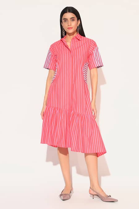 Linetribe_ Red Cotton Collared Striped Astralia Dress