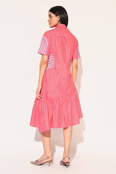 Linetribe_ Red Cotton Collared Striped Astralia Dress Online at Aza Fashions Linetribe__Red Cotton Collared Striped Astralia Dress _Online_at_Aza_Fashions