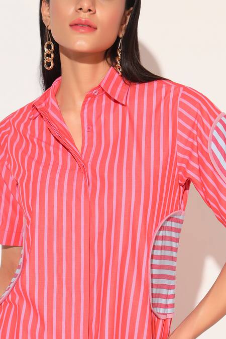 Buy Linetribe_ Red Cotton Collared Striped Astralia Dress Buy_Linetribe__Red Cotton Collared Striped Astralia Dress