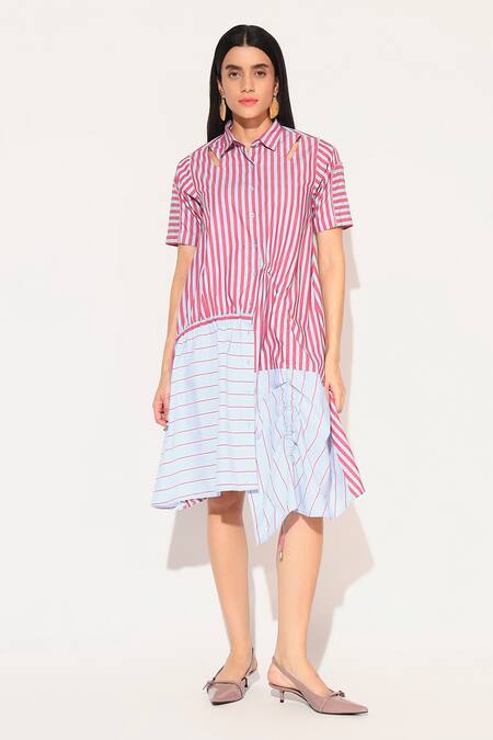 Linetribe_ Red Cotton Collared Zora Striped Dress Online at Aza Fashions Linetribe__Red Cotton Collared Zora Striped Dress _Online_at_Aza_Fashions