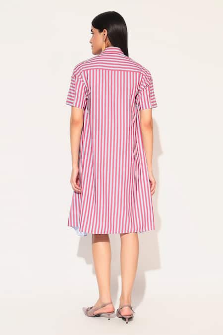 Shop Linetribe_ Red Cotton Collared Zora Striped Dress at Aza Fashions Shop_Linetribe__Red Cotton Collared Zora Striped Dress _at_Aza_Fashions