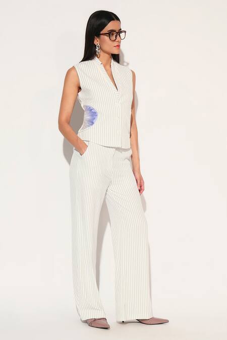 Buy Linetribe_ White Crepe V-neck Striped Waist Coat Set Online at Aza Fashions Buy_Linetribe__White Crepe V-neck Striped Waist Coat Set _Online_at_Aza_Fashions