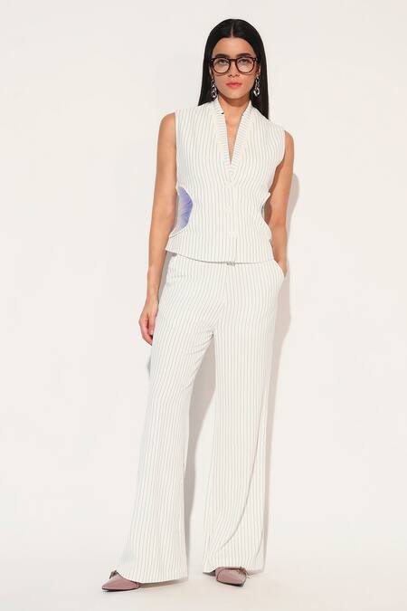 Shop Linetribe_ White Crepe V-neck Striped Waist Coat Set Online at Aza Fashions Shop_Linetribe__White Crepe V-neck Striped Waist Coat Set _Online_at_Aza_Fashions