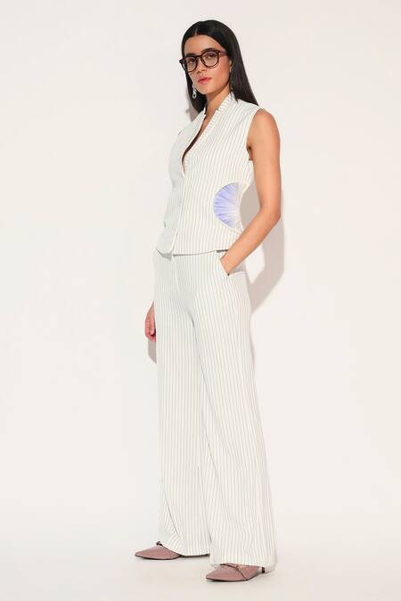 Buy Linetribe_ White Crepe V-neck Striped Waist Coat Set Buy_Linetribe__White Crepe V-neck Striped Waist Coat Set