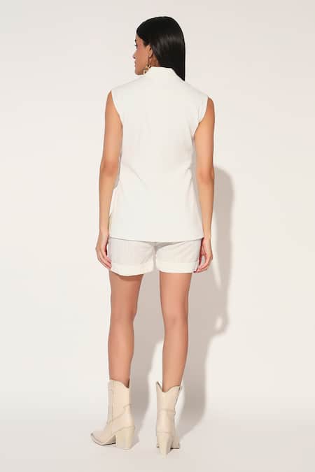 Linetribe_White Cotton V-neck Designer Waist Coat Set _Online_at_Aza_Fashions