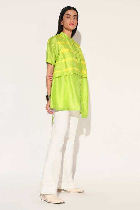Linetribe Yellow Silk Mandarin Collar Shibori Striped Shirt Online at Aza Fashions Linetribe_Yellow Silk Mandarin Collar Shibori Striped Shirt _Online_at_Aza_Fashions