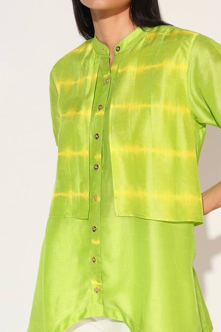 Buy Linetribe Yellow Silk Mandarin Collar Shibori Striped Shirt Online at Aza Fashions Buy_Linetribe_Yellow Silk Mandarin Collar Shibori Striped Shirt _Online_at_Aza_Fashions