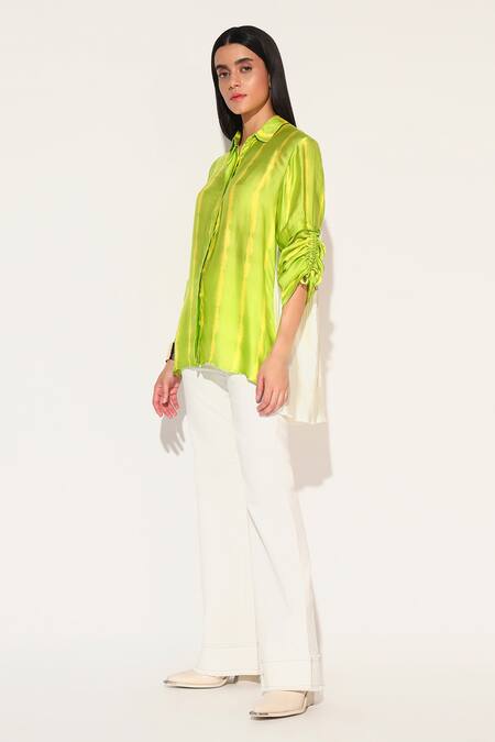 Linetribe_ Yellow Viscose, Satin Collared Ivy Shibori Striped Shirt Online at Aza Fashions Linetribe__Yellow Viscose, Satin Collared Ivy Shibori Striped Shirt _Online_at_Aza_Fashions