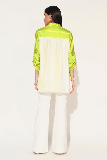 Shop Linetribe_ Yellow Viscose, Satin Collared Ivy Shibori Striped Shirt at Aza Fashions Shop_Linetribe__Yellow Viscose, Satin Collared Ivy Shibori Striped Shirt _at_Aza_Fashions