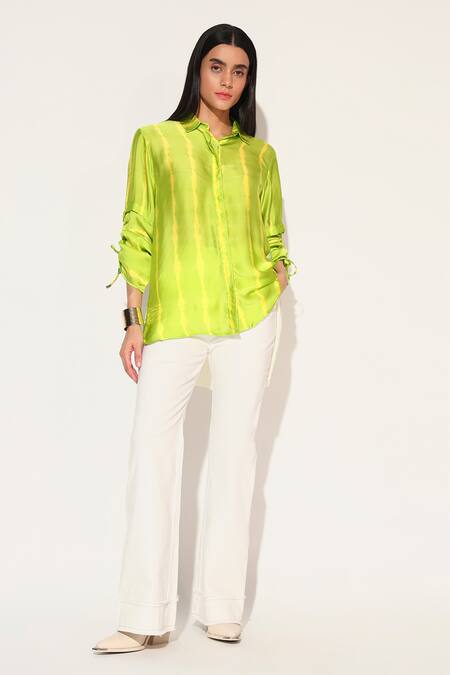 Shop Linetribe_ Yellow Viscose, Satin Collared Ivy Shibori Striped Shirt Online at Aza Fashions Shop_Linetribe__Yellow Viscose, Satin Collared Ivy Shibori Striped Shirt _Online_at_Aza_Fashions