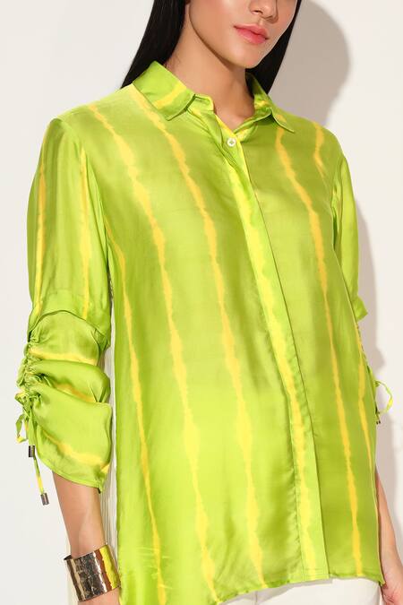 Linetribe_ Yellow Viscose, Satin Collared Ivy Shibori Striped Shirt at Aza Fashions Linetribe__Yellow Viscose, Satin Collared Ivy Shibori Striped Shirt _at_Aza_Fashions