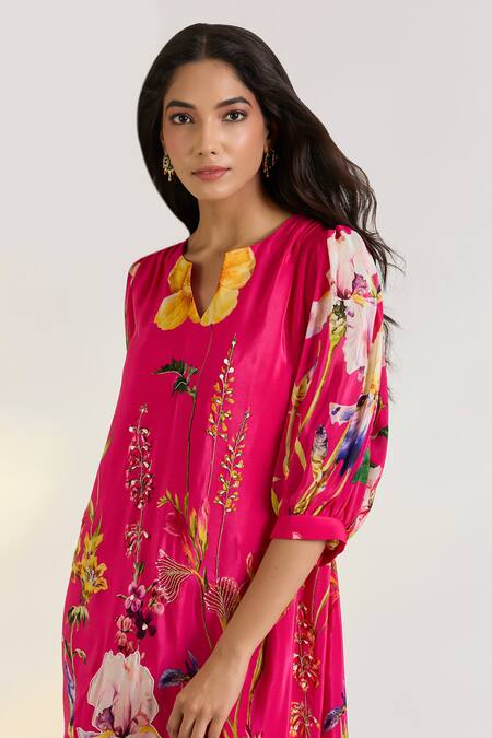 Ewoke_Pink Crepe Embroidery Round Neck Floral Hand Dress _Online_at_Aza_Fashions