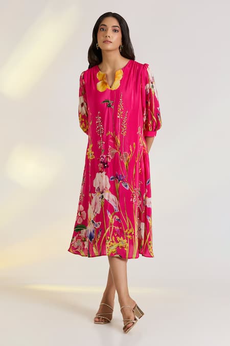 Ewoke Pink Crepe Embroidery Round Neck Floral Hand Dress 