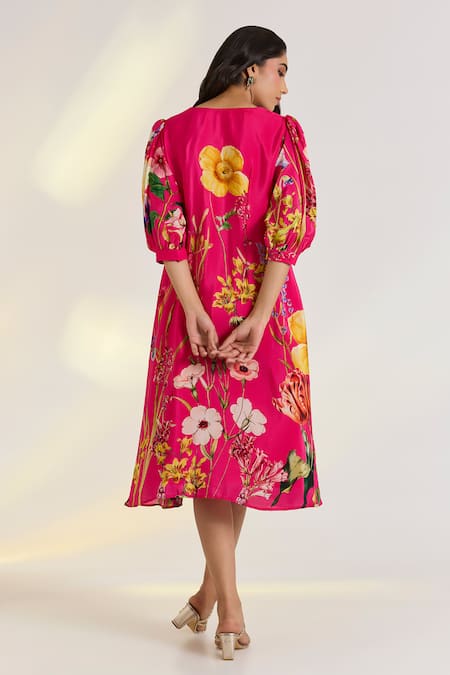 Shop_Ewoke_Pink Crepe Embroidery Round Neck Floral Hand Dress _at_Aza_Fashions