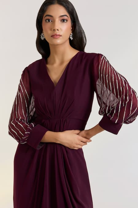 Ewoke Purple Georgette Embroidery V-neck Designer Orla Dress Online at Aza Fashions Ewoke_Purple Georgette Embroidery V-neck Designer Orla Dress _Online_at_Aza_Fashions