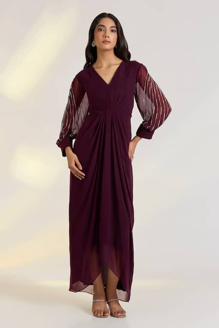 Ewoke Purple Georgette Embroidery V-neck Designer Orla Dress 