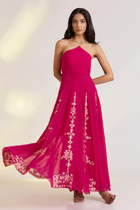 Ewoke Pink Georgette Embroidery Halter Neck Designer Isla Dress 