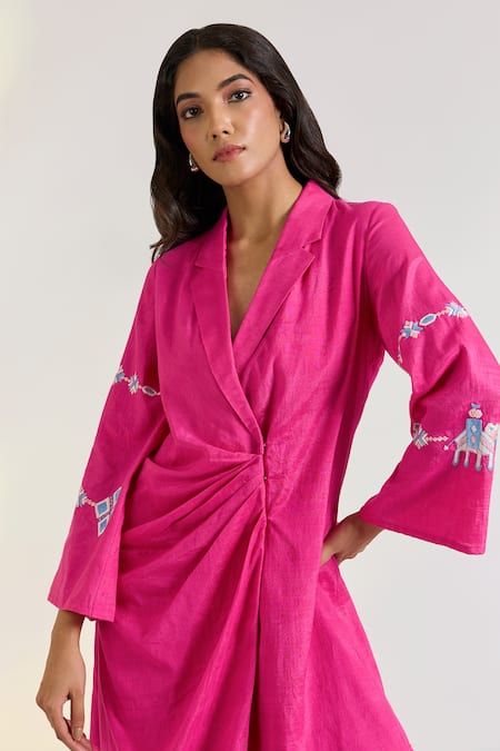 Ewoke_Pink Embroidery V-neck Mia Jacket Dress _Online_at_Aza_Fashions