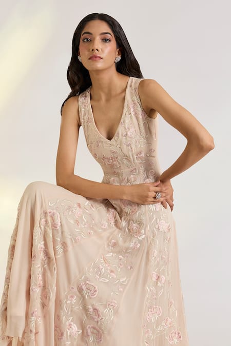 Ewoke_Pink Georgette Embroidery V-neck Lyra Full Length Designer Gown _Online_at_Aza_Fashions