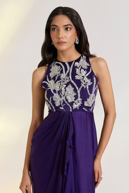 Ewoke Purple Georgette, Satin Embroidery Round Neck Designer Hand Tare Dress Online at Aza Fashions Ewoke_Purple Georgette, Satin Embroidery Round Neck Designer Hand Tare Dress _Online_at_Aza_Fashions