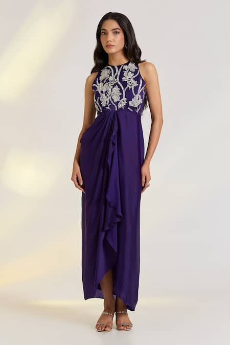 Ewoke Purple Georgette, Satin Embroidery Round Neck Designer Hand Tare Dress