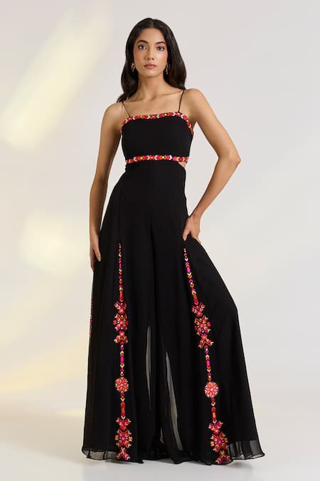 Ewoke Black Georgette Embroidery Square Neck Rumi Designer Hand Jumpsuit