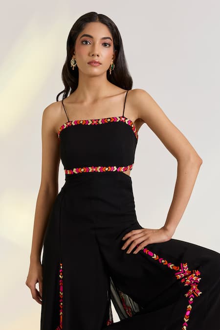 Buy Ewoke Black Georgette Embroidery Square Neck Rumi Designer Hand Jumpsuit Online at Aza Fashions Buy_Ewoke_Black Georgette Embroidery Square Neck Rumi Designer Hand Jumpsuit _Online_at_Aza_Fashions