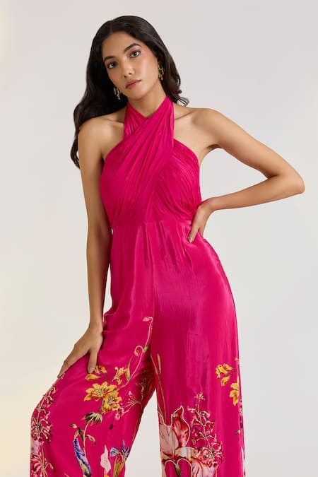 Ewoke_Pink Crepe Embroidery Halter Neck Floral Hand Jumpsuit _Online_at_Aza_Fashions