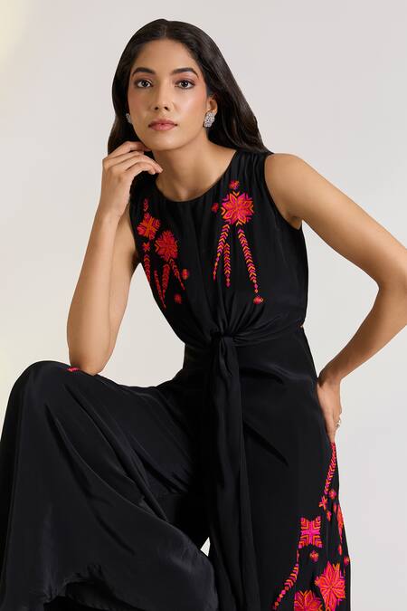 Ewoke Black Crepe Embroidery Round Neck Kaia Hand Jumpsuit Online at Aza Fashions Ewoke_Black Crepe Embroidery Round Neck Kaia Hand Jumpsuit _Online_at_Aza_Fashions