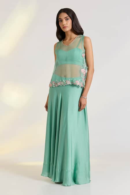Ewoke Green Organza, Georgette, Satin Embroidery Round Aeirs Designer Lehenga Set 