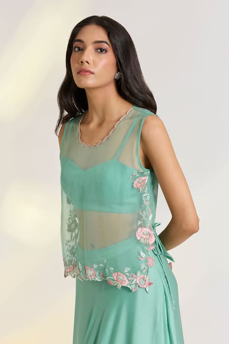 Ewoke_Green Organza, Georgette, Satin Embroidery Round Aeirs Designer Lehenga Set _Online_at_Aza_Fashions