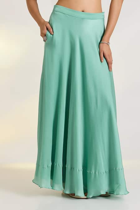 Buy_Ewoke_Green Organza, Georgette, Satin Embroidery Round Aeirs Designer Lehenga Set _Online_at_Aza_Fashions