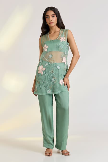 Ewoke Green Organza, Georgette, Satin Embroidery Scoop Neck Vire Hand Kurta Set 
