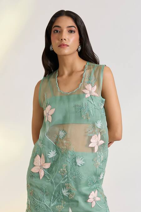 Ewoke Green Organza, Georgette, Satin Embroidery Scoop Neck Vire Hand Kurta Set at Aza Fashions Ewoke_Green Organza, Georgette, Satin Embroidery Scoop Neck Vire Hand Kurta Set _at_Aza_Fashions