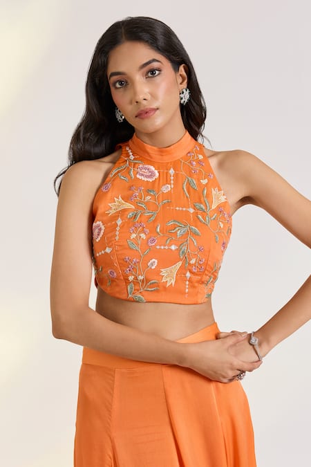 Ewoke_Orange Georgette, Satin Embroidery High Neck Tangerine Hand Lehenga Set _Online_at_Aza_Fashions
