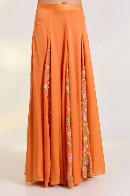 Buy_Ewoke_Orange Georgette, Satin Embroidery High Neck Tangerine Hand Lehenga Set _Online_at_Aza_Fashions