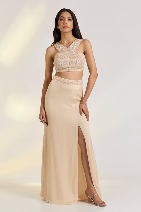 Shop_Ewoke_Pink Organza, Georgette, Satin Embroidery Scoop Neck, Open Designer Elara Set _Online_at_Aza_Fashions