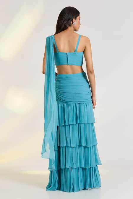 Ewoke Teal Embroidered Pre-Drape Saree Set 