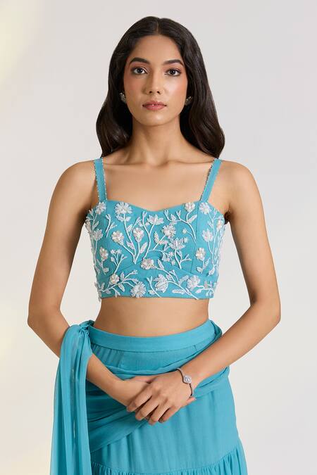 Ewoke_Blue Georgette Embroidery Sweetheart Neck Teal Pre-drape Saree Set _Online_at_Aza_Fashions