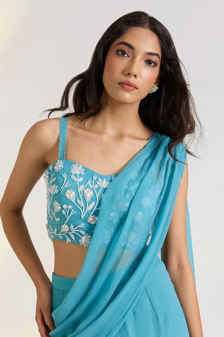 Buy_Ewoke_Blue Georgette Embroidery Sweetheart Neck Teal Pre-drape Saree Set _Online_at_Aza_Fashions