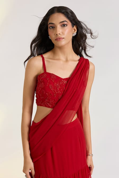 Buy_Ewoke_Red Georgette Embroidery Sweetheart Neck Pre-draped Saree Set _Online_at_Aza_Fashions
