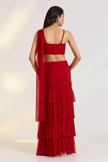 Ewoke Red Embroidered Pre-Draped Saree Set 