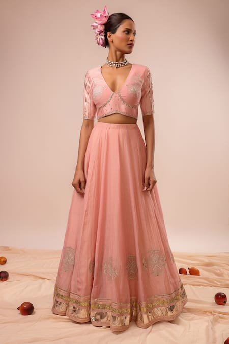 Kalakari By Akanksha_Blush Chanderi , Chanderi, Embroidery V-neck Pink Lehenga Set _Online_at_Aza_Fashions