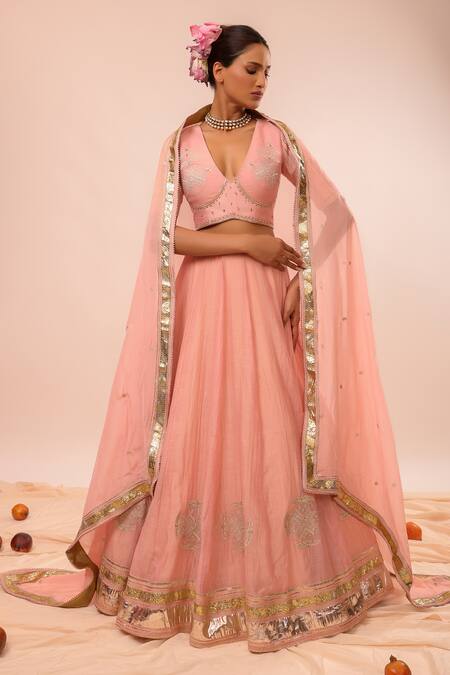 Buy_Kalakari By Akanksha_Blush Chanderi , Chanderi, Embroidery V-neck Pink Lehenga Set _Online_at_Aza_Fashions