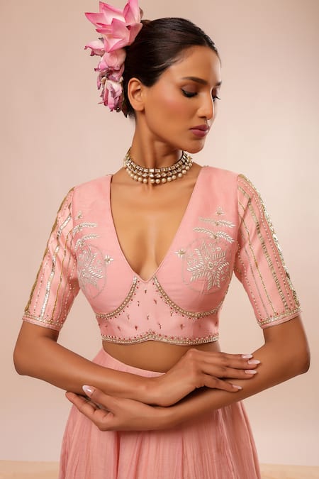 Shop_Kalakari By Akanksha_Blush Chanderi , Chanderi, Embroidery V-neck Pink Lehenga Set _Online_at_Aza_Fashions