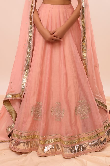 Kalakari By Akanksha_Blush Chanderi , Chanderi, Embroidery V-neck Pink Lehenga Set _at_Aza_Fashions